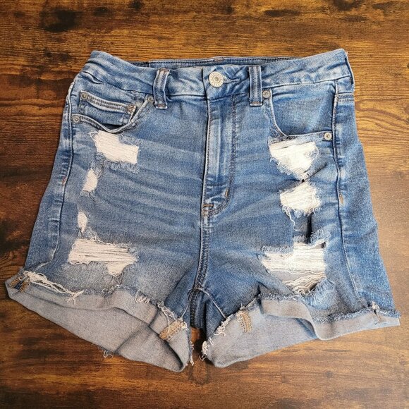 American Eagle Denim Shorts Size 6 Next Level Stretch Curvy Hi Rise Ripped - Picture 1 of 9